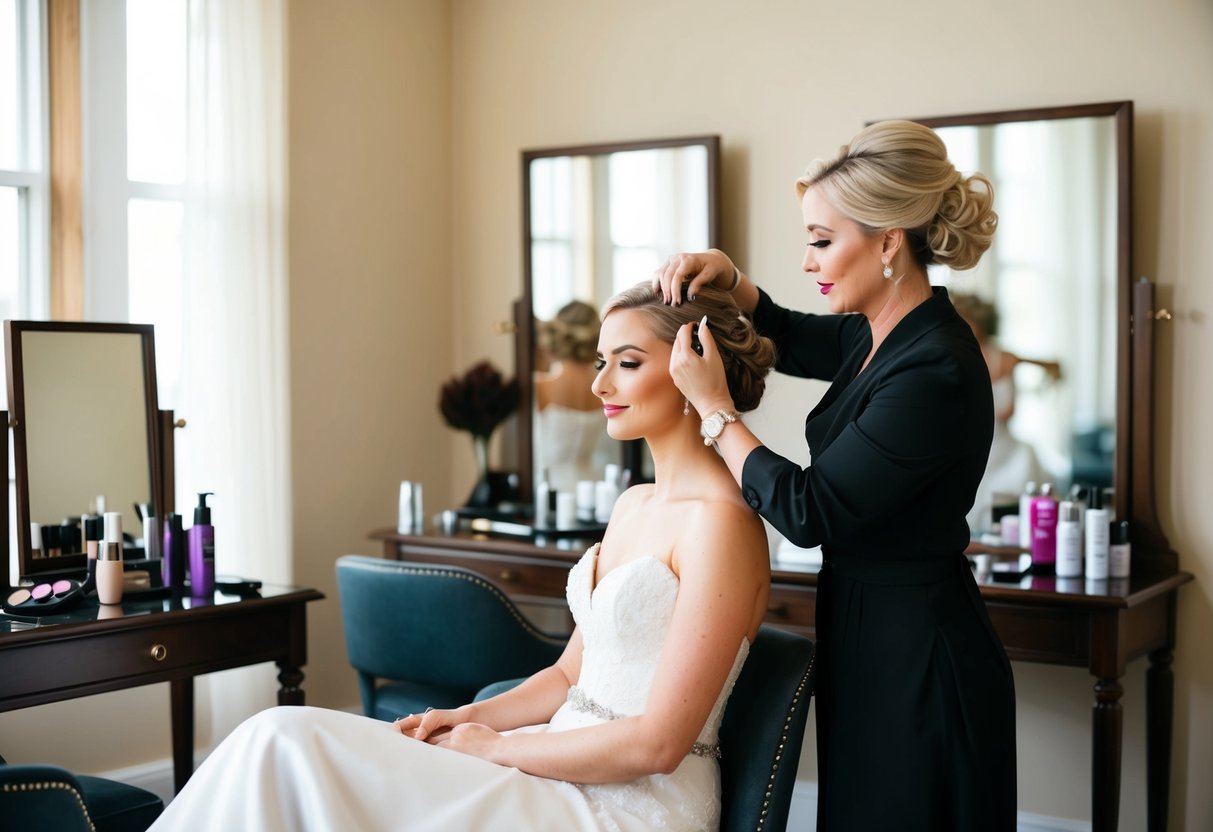 A serene bride sits in a chair as a makeup artist carefully applies makeup and a hairstylist creates an elegant updo. Mirrors and beauty products surround them