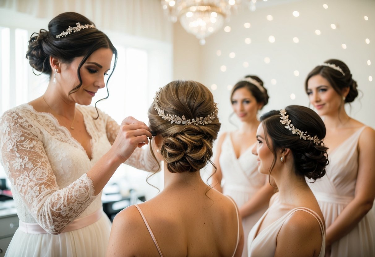 A bridal hair stylist carefully arranges intricate updos with delicate accessories, while bridesmaids receive simpler styles with minimal adornments