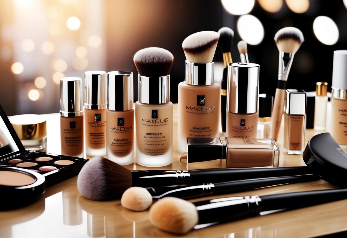 A makeup artist's table with various high-end foundation bottles and brushes