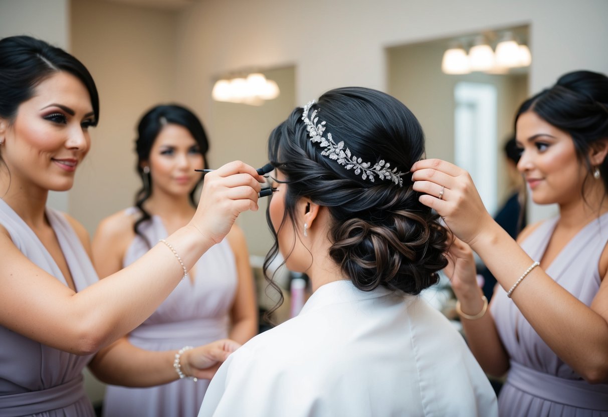 A professional hair and makeup artist carefully styles a bride's hair with intricate details, using high-quality products and precision techniques, while bridesmaids receive simpler, less detailed styles