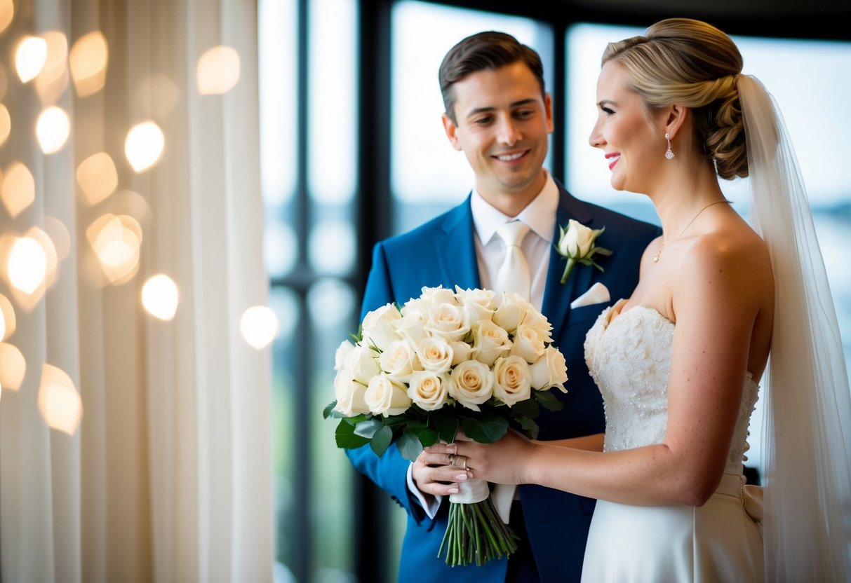 The groom presents a delicate bouquet of white roses to the blushing bride