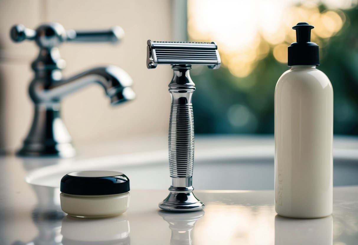 A silver razor and a small bottle of shaving cream on a bathroom counter