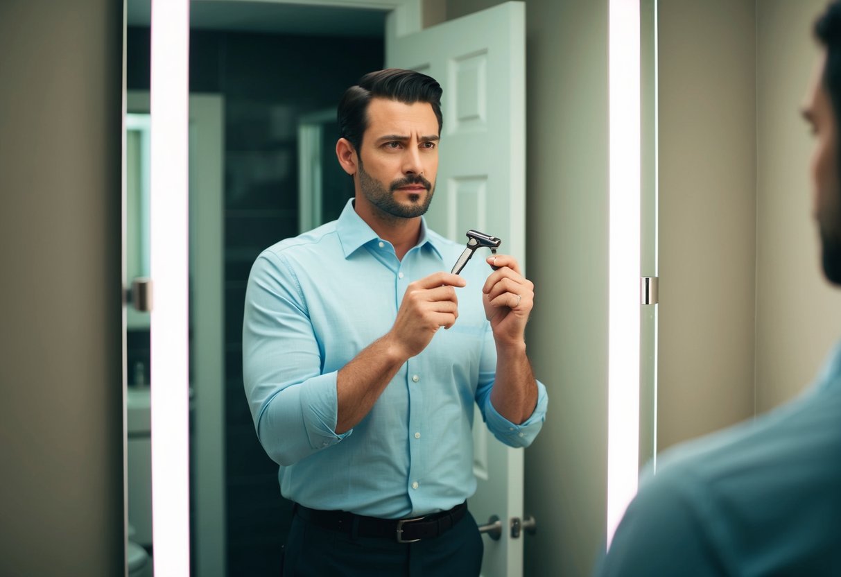 A man stands in front of a bathroom mirror, holding a razor and looking at his reflection with a determined expression