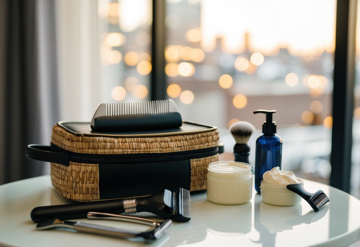 A bride's hair care and styling tools arranged on a table, with a razor and shaving cream nearby