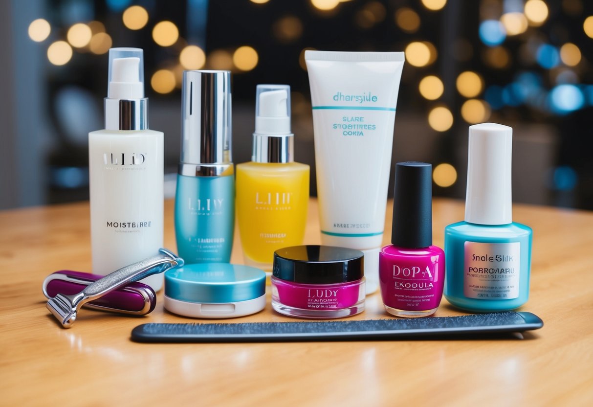 A table with various skin and nail care products arranged neatly, including a razor, nail file, moisturizer, and nail polish
