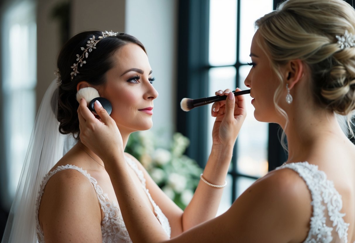 A bride carefully applies makeup, avoiding her white wedding dress