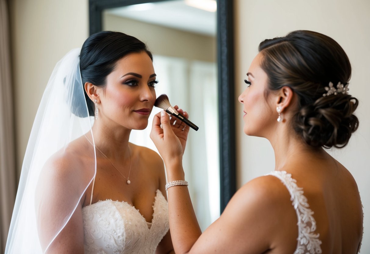 A bride carefully applying makeup in front of a mirror, with a protective cloth draped over her wedding dress