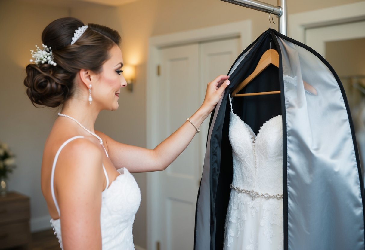 A bride carefully removes her makeup, then hangs her wedding dress in a protective garment bag