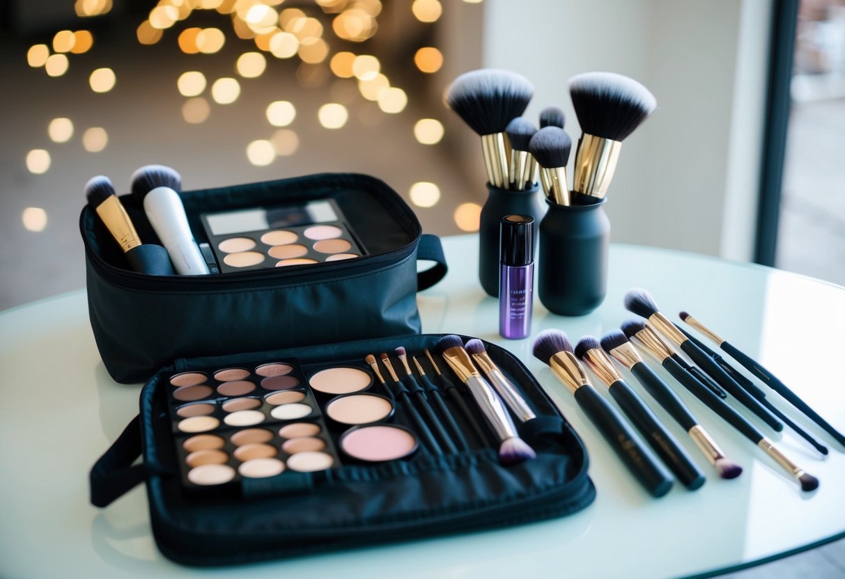 A makeup artist's kit laid out on a clean, organized table with brushes, palettes, and products neatly arranged, ready for use on a wedding day