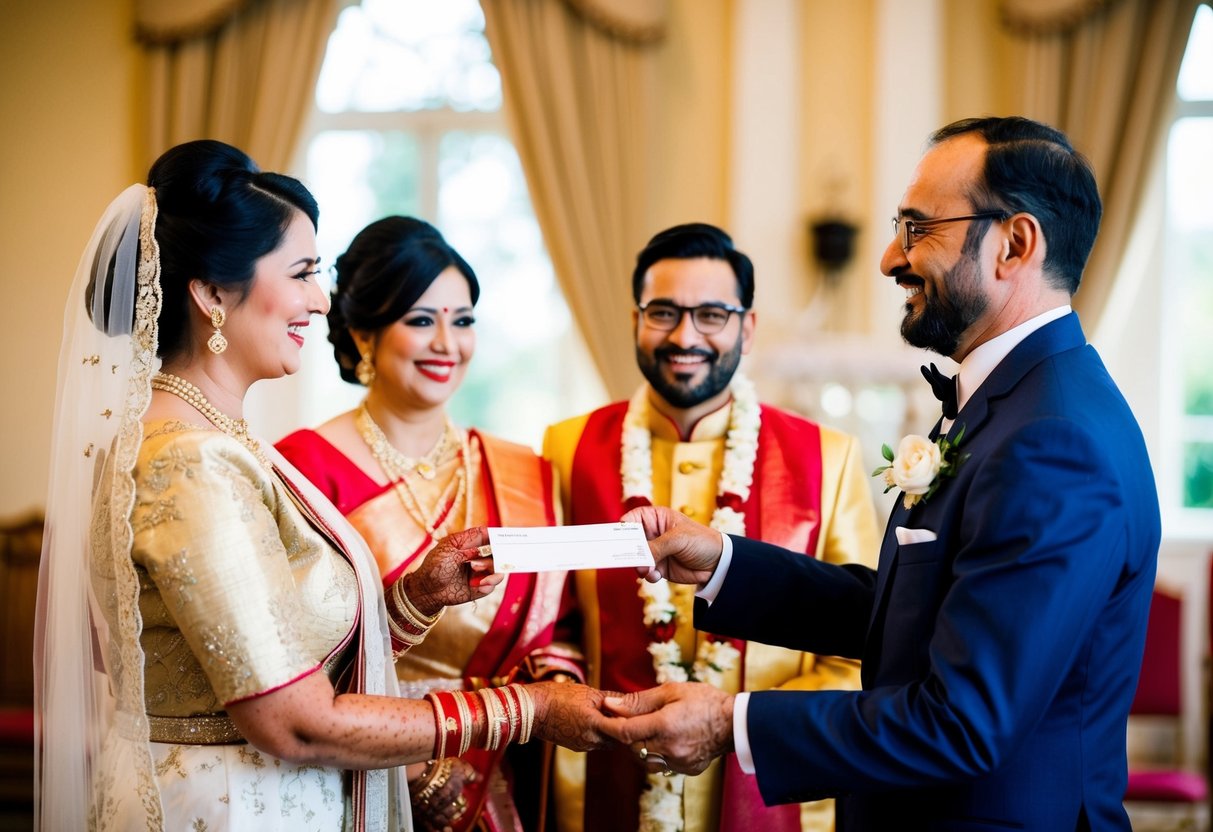 A traditional wedding scene with a father handing over a check to the groom's family while the bride's mother looks on with a smile