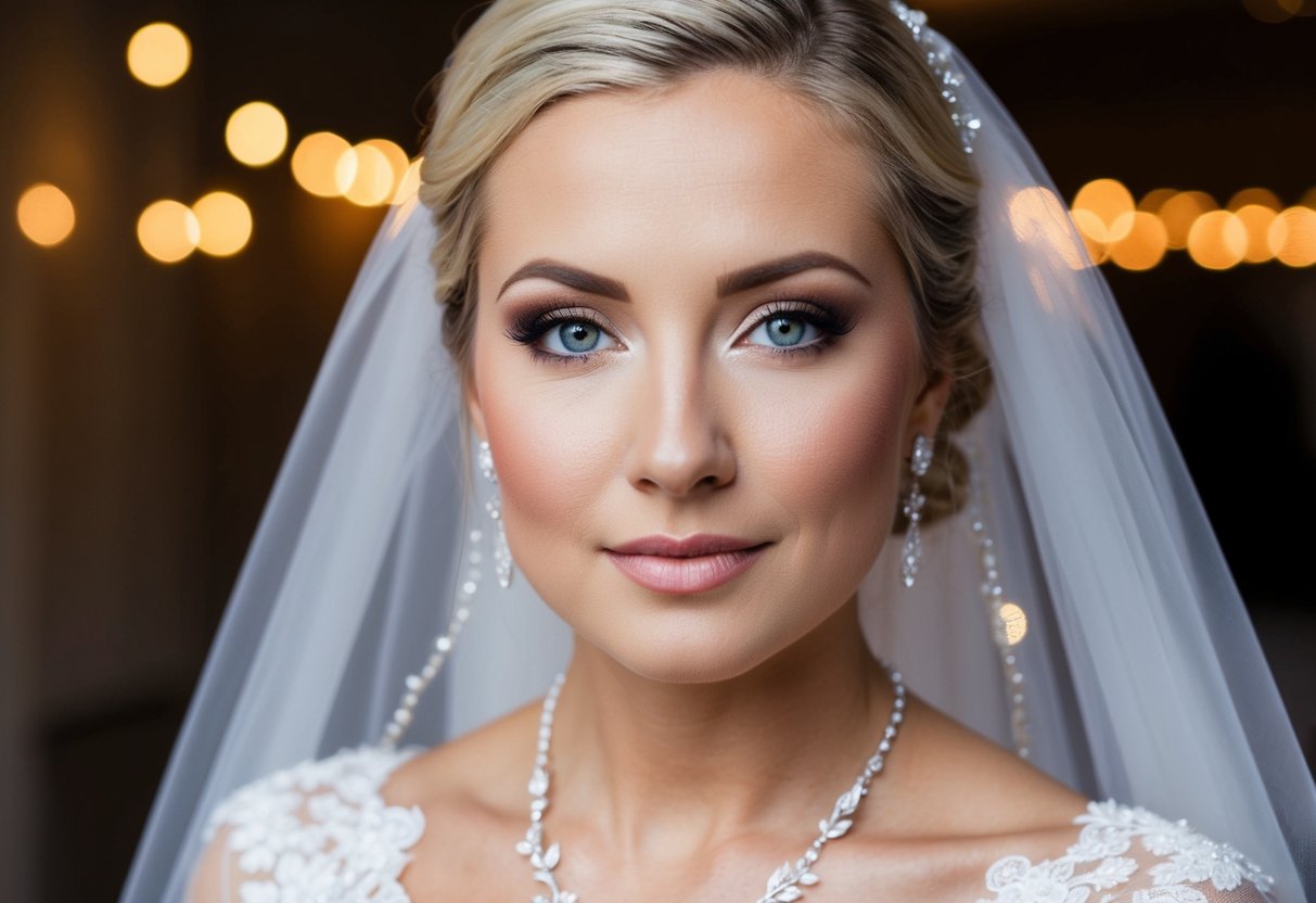 A bride's face with bridal makeup lasting all day at a wedding