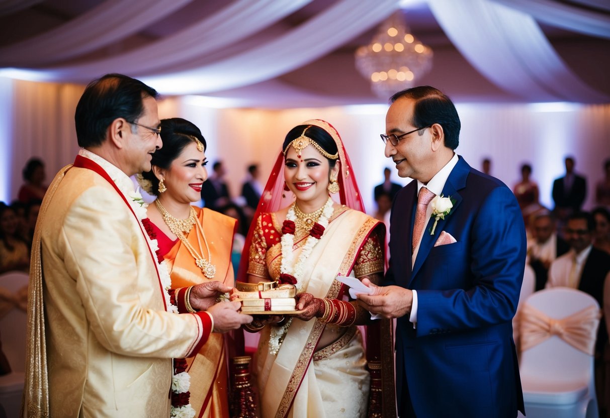 A traditional wedding scene with parents of the bride making financial contributions towards the ceremony and reception