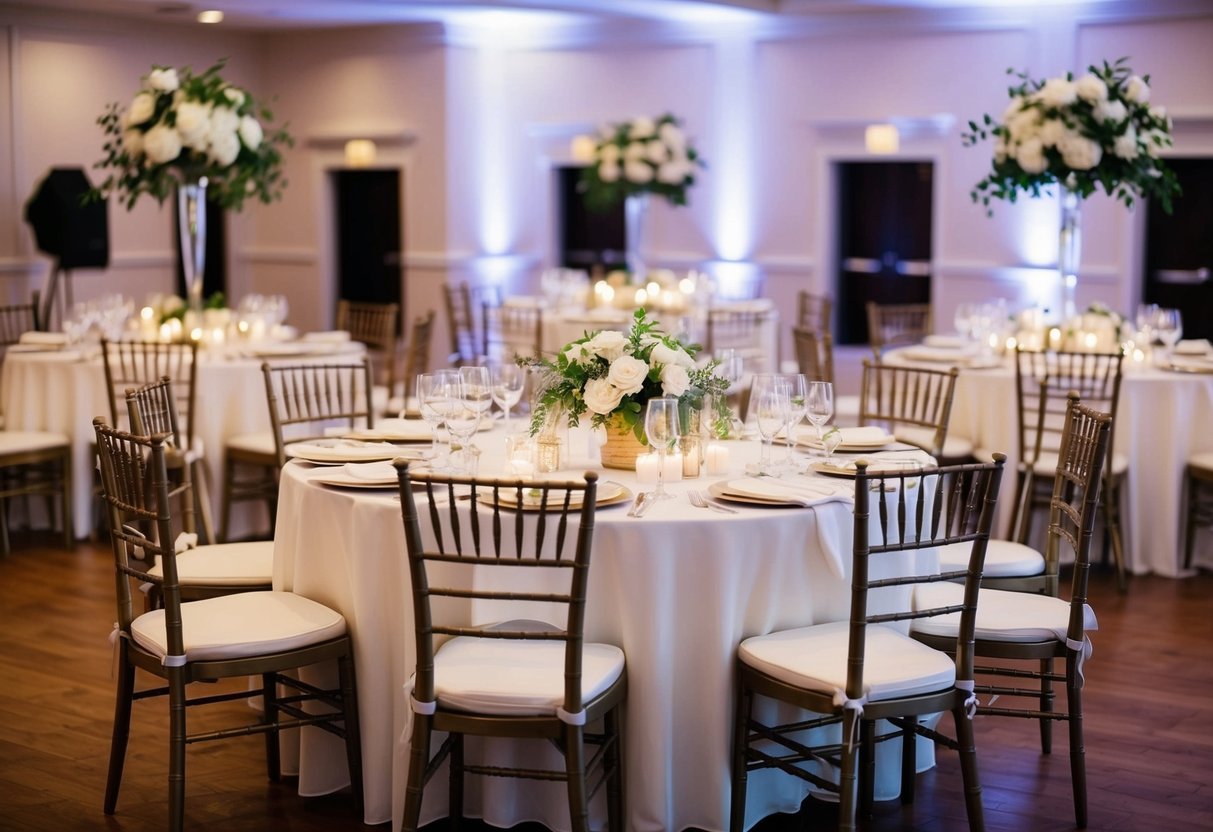 A wedding reception venue with elegant decorations and a table set for a bride's parents to symbolize their continued financial support