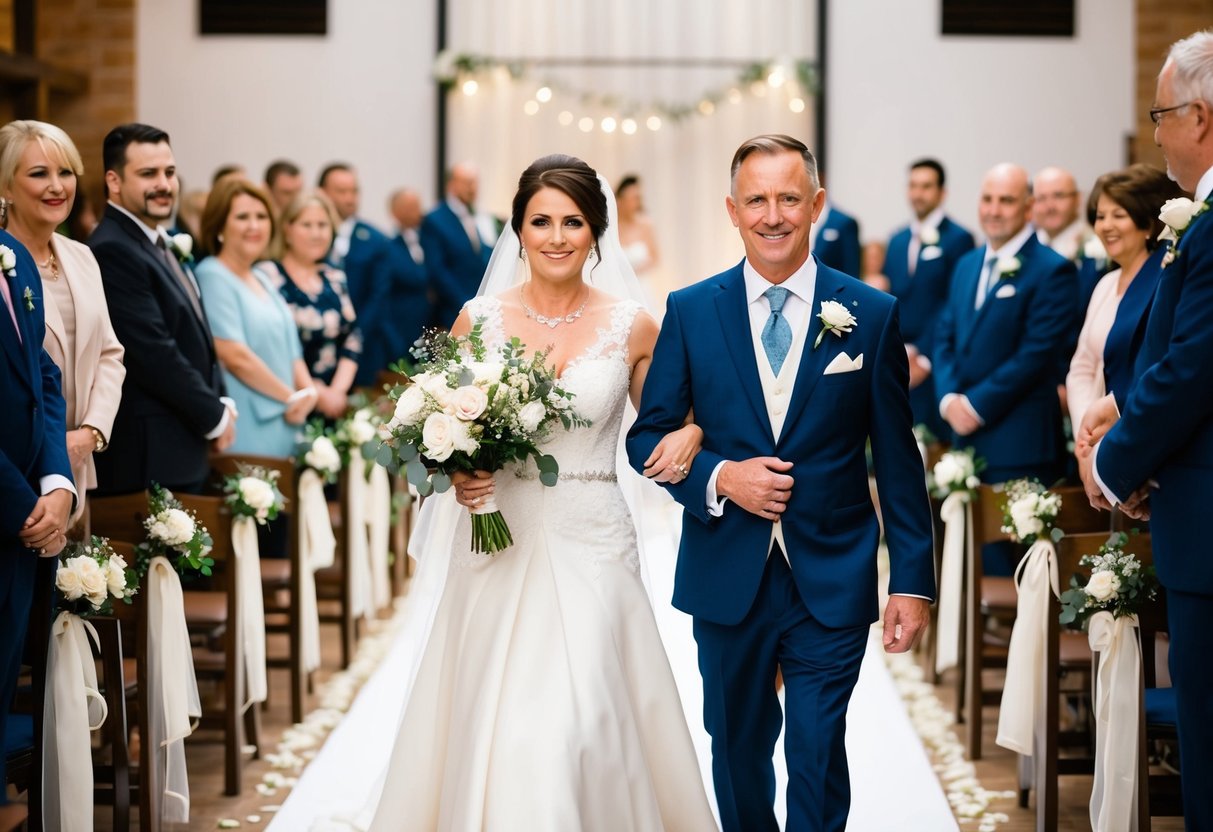 The mother of the groom is escorted down the aisle by a close family member or friend
