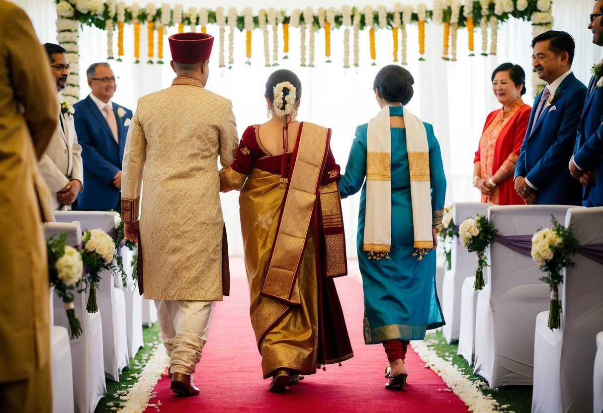 A figure in traditional dress leads the groom's mother down the aisle, surrounded by cultural symbols and decorations