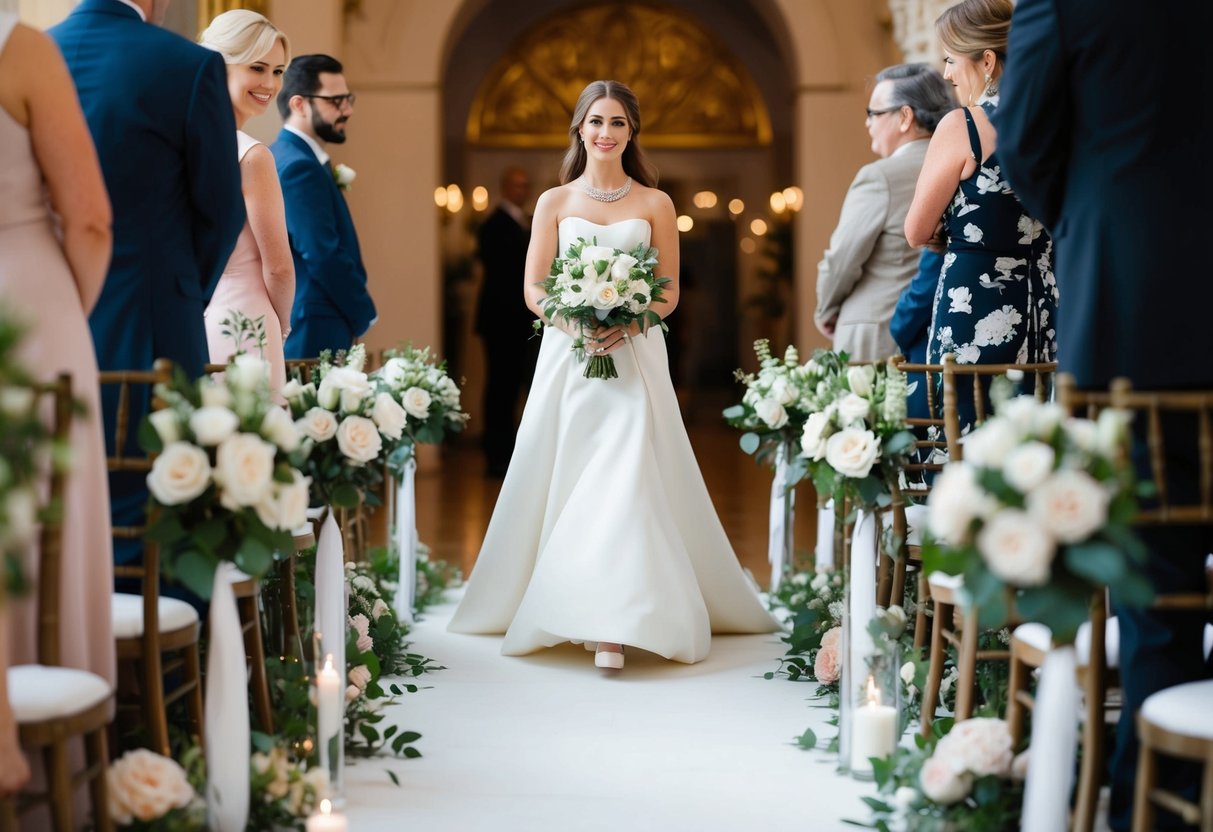 A figure in a formal dress walks down the aisle, surrounded by flowers and decorative elements