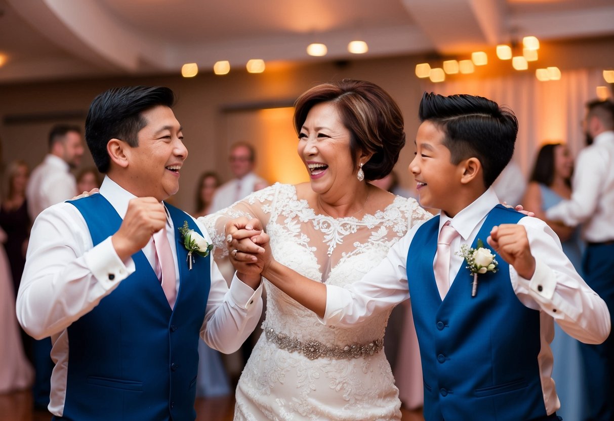 A mother and her sons dance joyfully to a sentimental song at a wedding reception