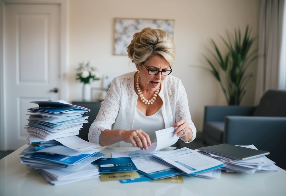 A mother of the bride frantically sorting through a pile of credit card bills and wedding planning documents, looking stressed and overwhelmed