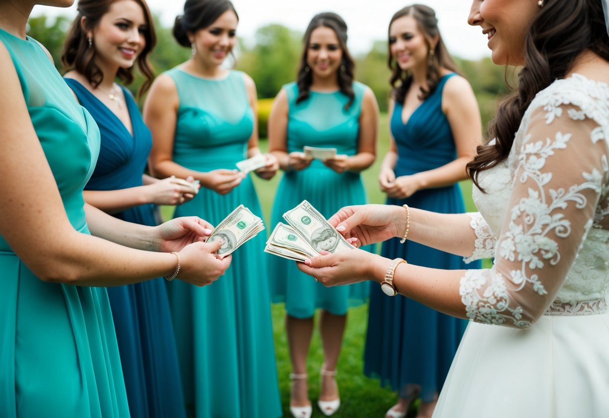The bride hands over money to the bridesmaids for their dresses, shoes, and any other necessary accessories for the wedding