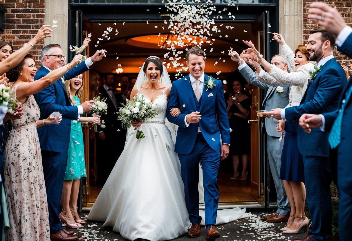 The newlyweds exit the venue, surrounded by cheering guests and a shower of flower petals