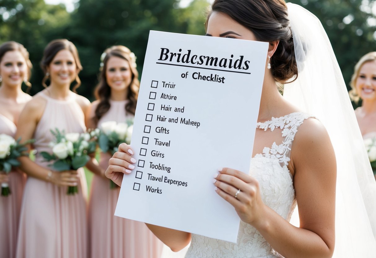 The bride holds a checklist of financial responsibilities for bridesmaids, including attire, hair and makeup, gifts, and travel expenses