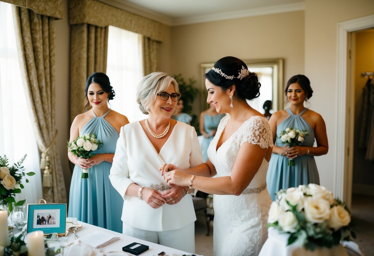 A mother-in-law and bride prepare together, surrounded by wedding attire and accessories