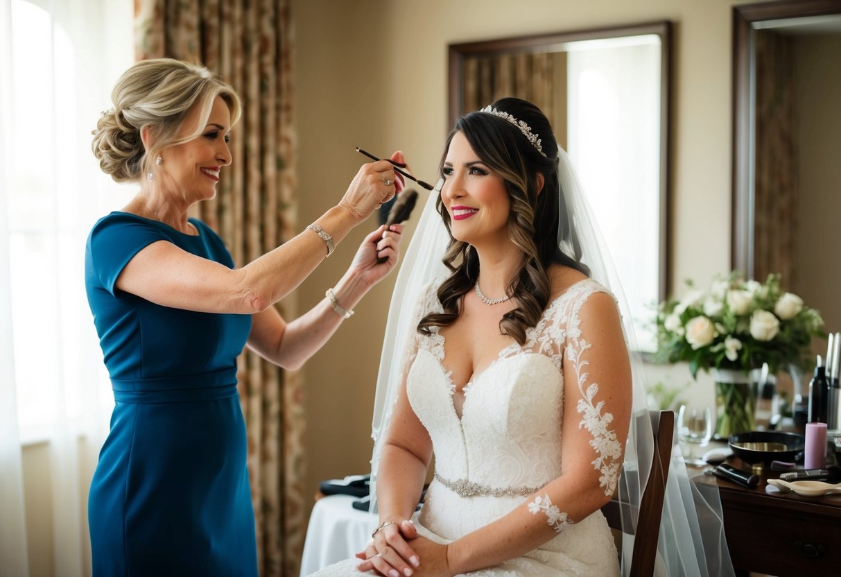 A mother-in-law helps the bride get ready for her wedding day, assisting with hair and makeup in a warm, supportive atmosphere