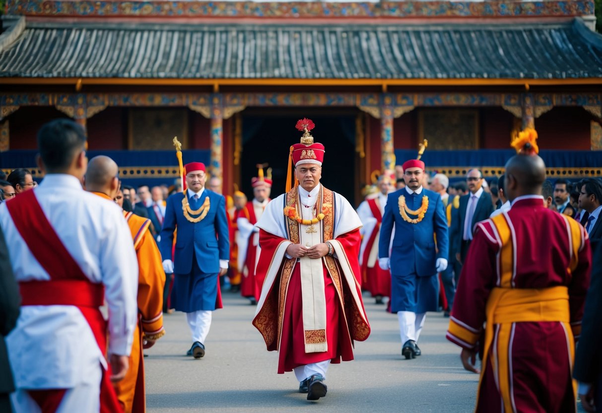 A figure in ceremonial attire leads a procession out of a decorated building, followed by other figures in traditional clothing