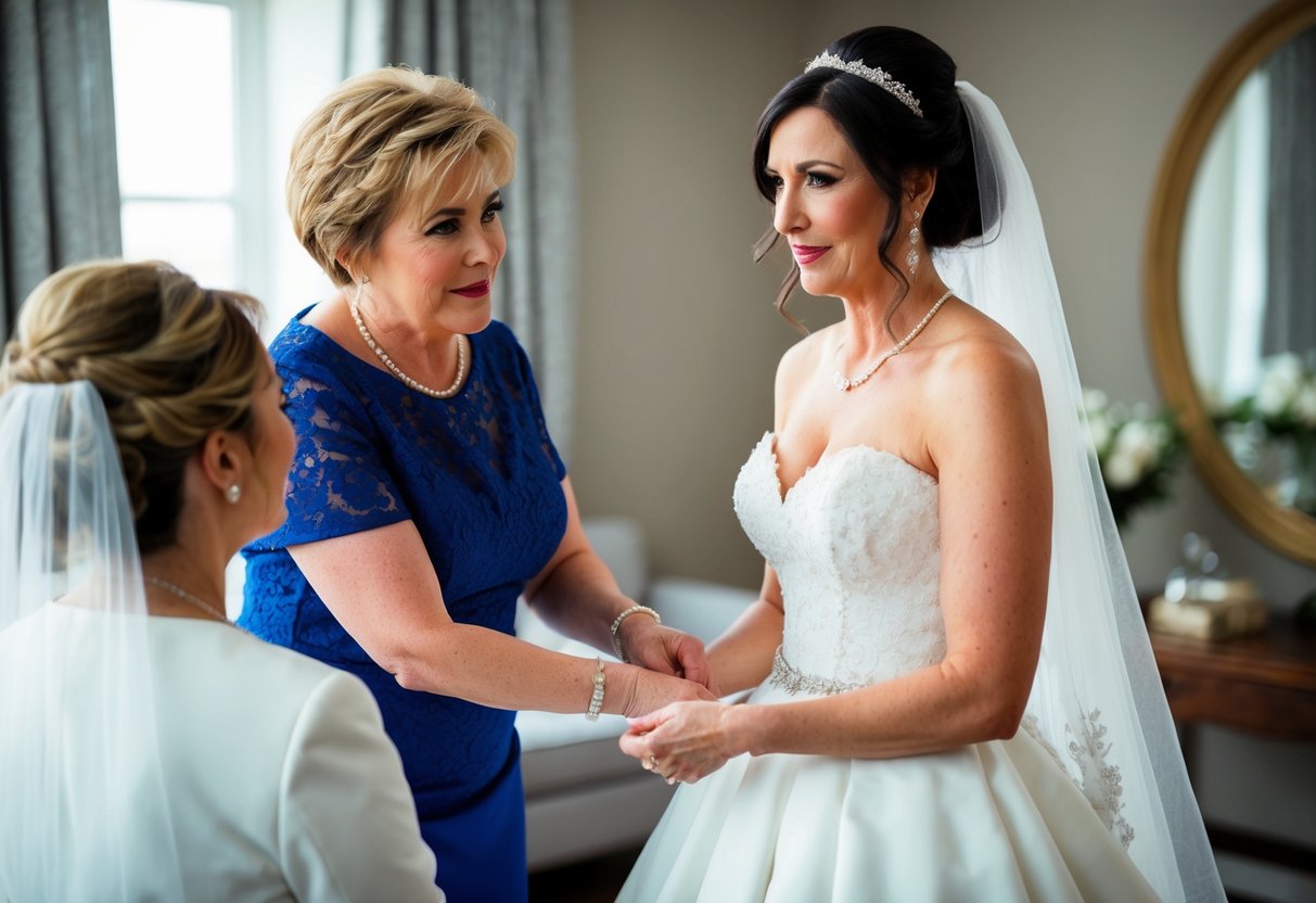 A mother-in-law assists a bride with her wedding dress, offering both a helping hand and setting boundaries in their relationship