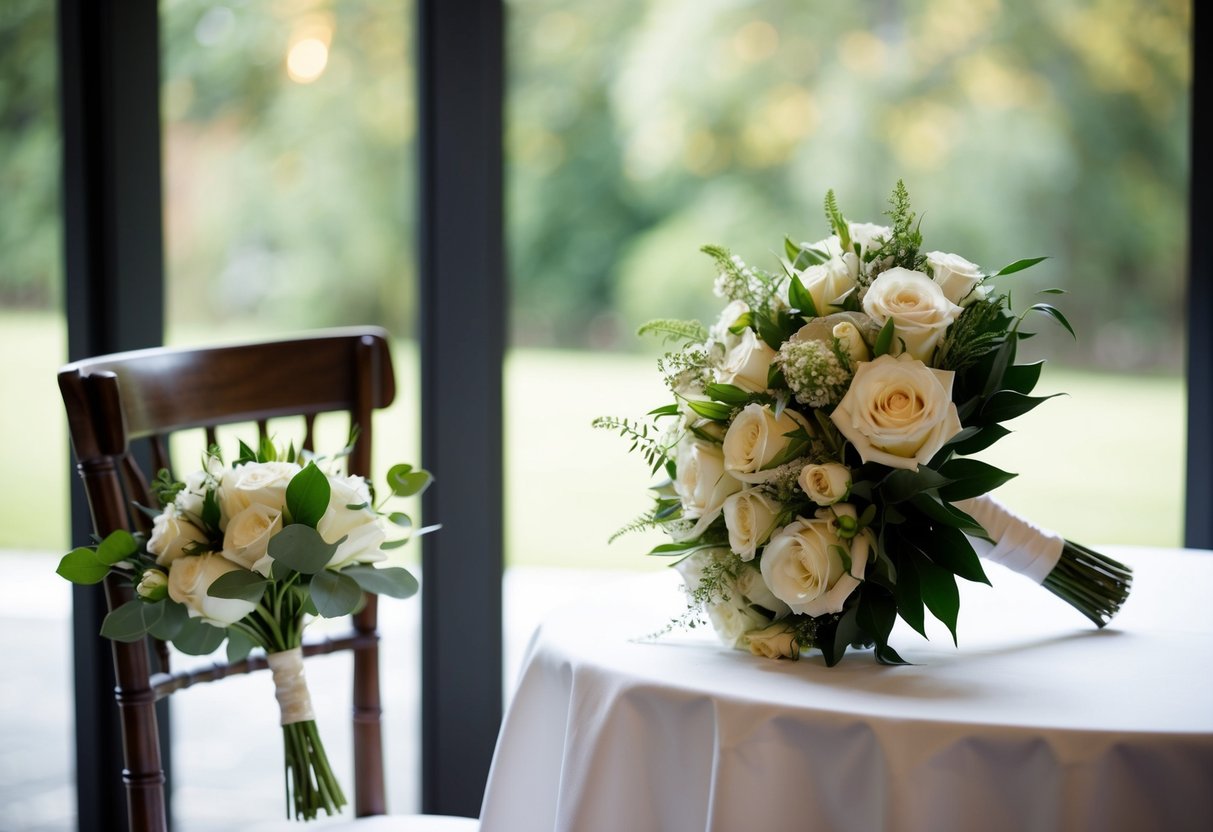 A table holds the bride's bouquet, while a chair displays the groom's boutonniere