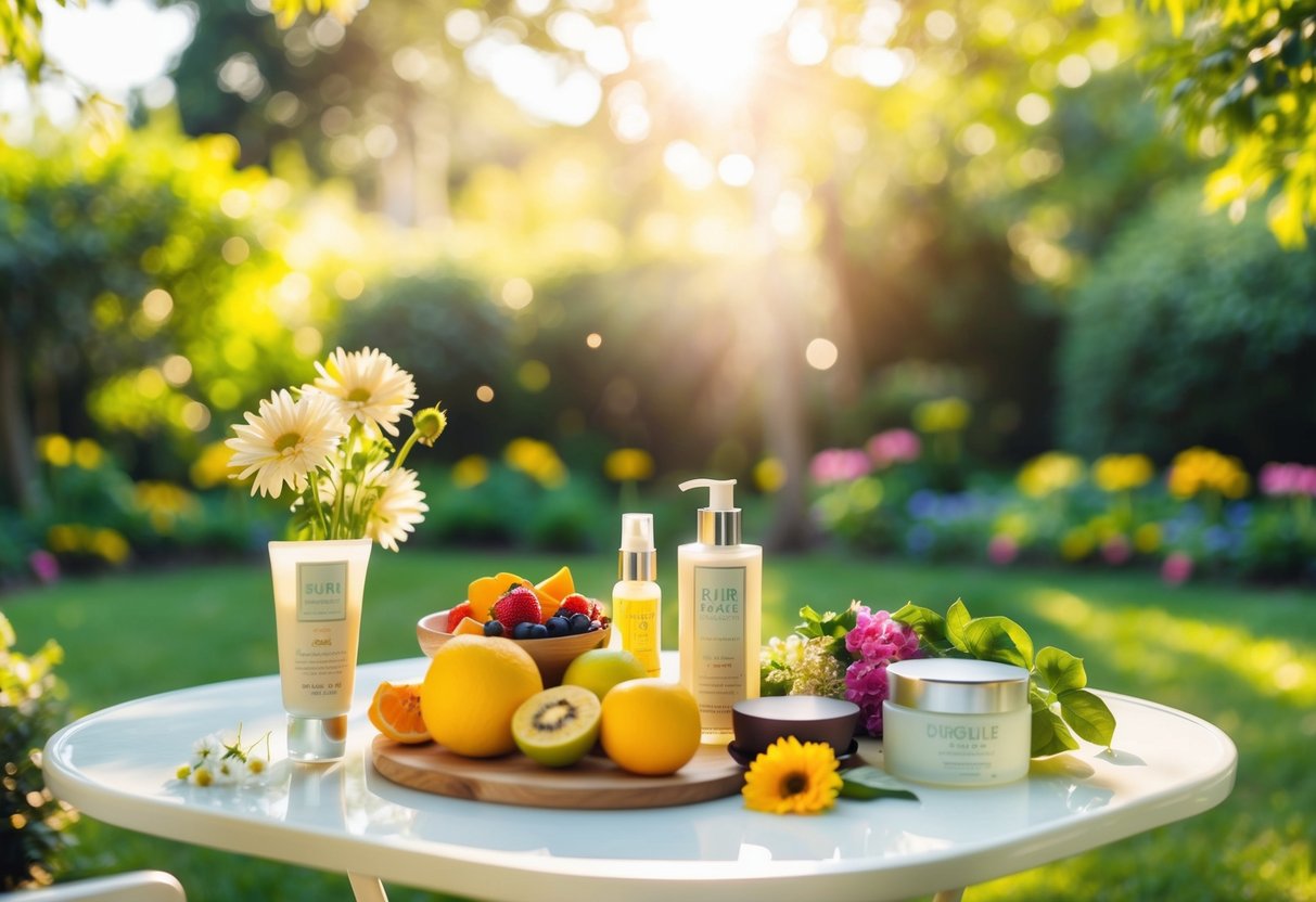 A serene garden with soft sunlight filtering through the trees, casting a warm glow on a table filled with fresh fruits, flowers, and skincare products