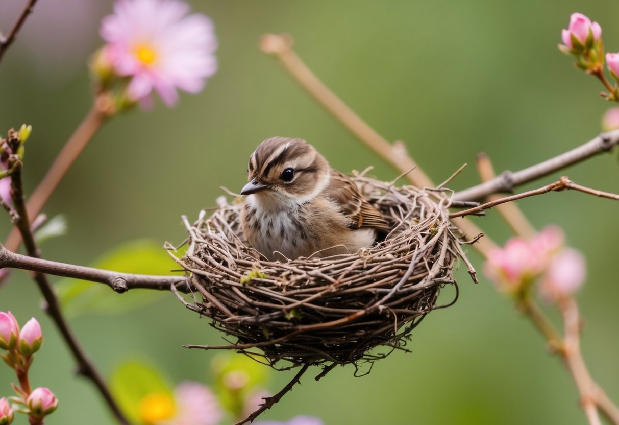 A small bird carries the rings in a delicate nest woven with twigs and flowers