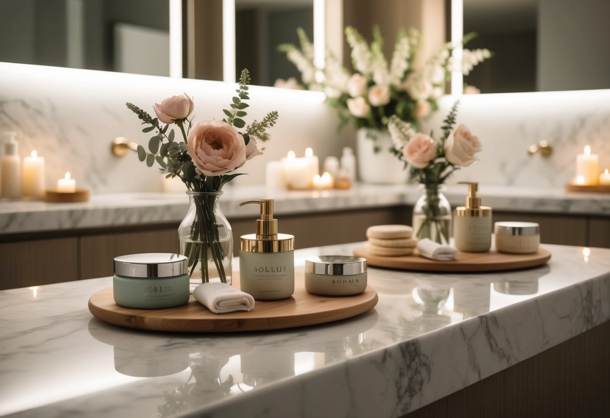 A serene spa setting with soft lighting, floral arrangements, and skincare products arranged on a marble countertop