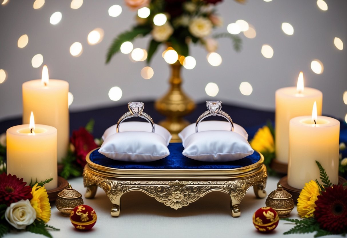 A pair of elegant ring pillows placed on a decorative stand, surrounded by symbolic elements such as flowers, candles, and traditional ornaments
