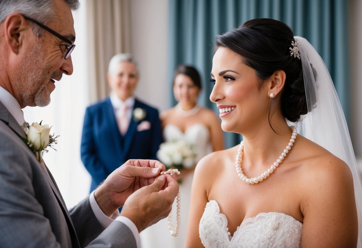 A father presents a delicate pearl necklace to his daughter on her wedding day, symbolizing his love and support