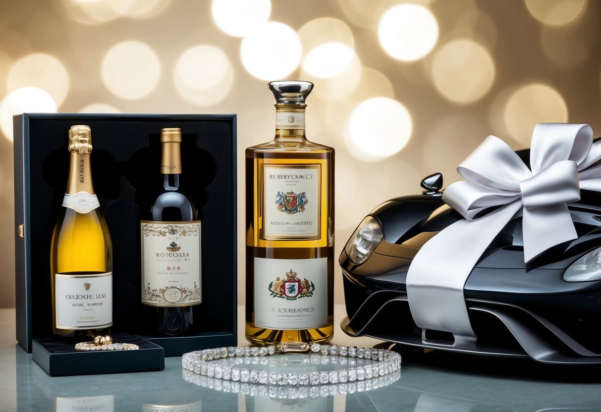 A luxurious diamond-encrusted necklace, a custom-designed vintage wine collection, and a sleek sports car wrapped in a big bow