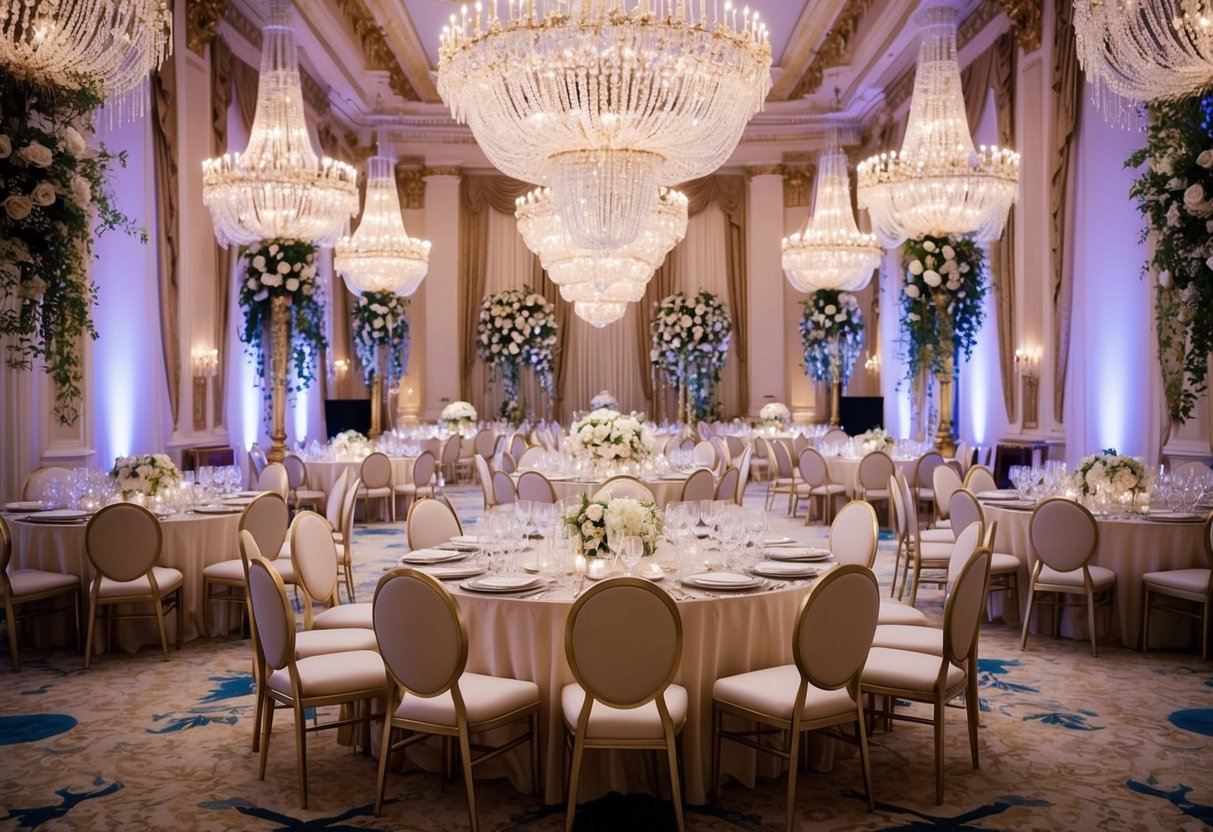 A grand ballroom adorned with crystal chandeliers, cascading floral arrangements, and gilded decor. A lavish banquet table is set with fine china and shimmering silverware