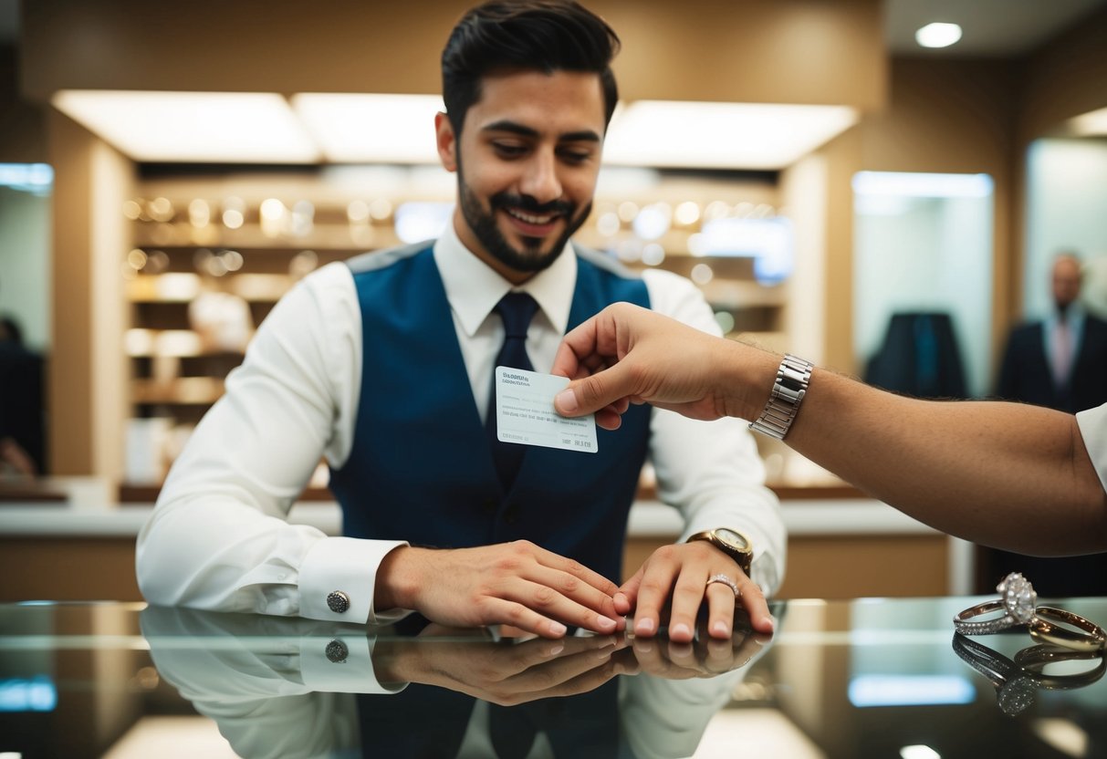The groom hands over payment for the wedding rings at the jewelry store counter