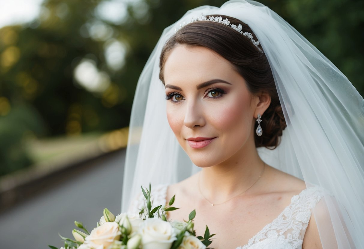 A bride with a soft, natural makeup look, wearing a white gown and veil, holding a bouquet of flowers