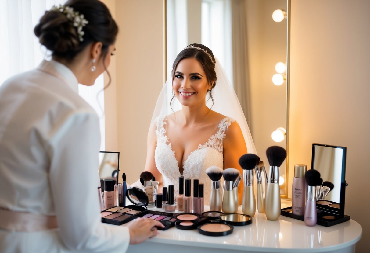A bride surrounded by a selection of makeup products, with a mirror and soft lighting to create a warm and inviting atmosphere