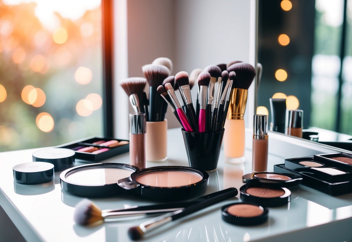 A bride's makeup table with various cosmetics and brushes arranged neatly