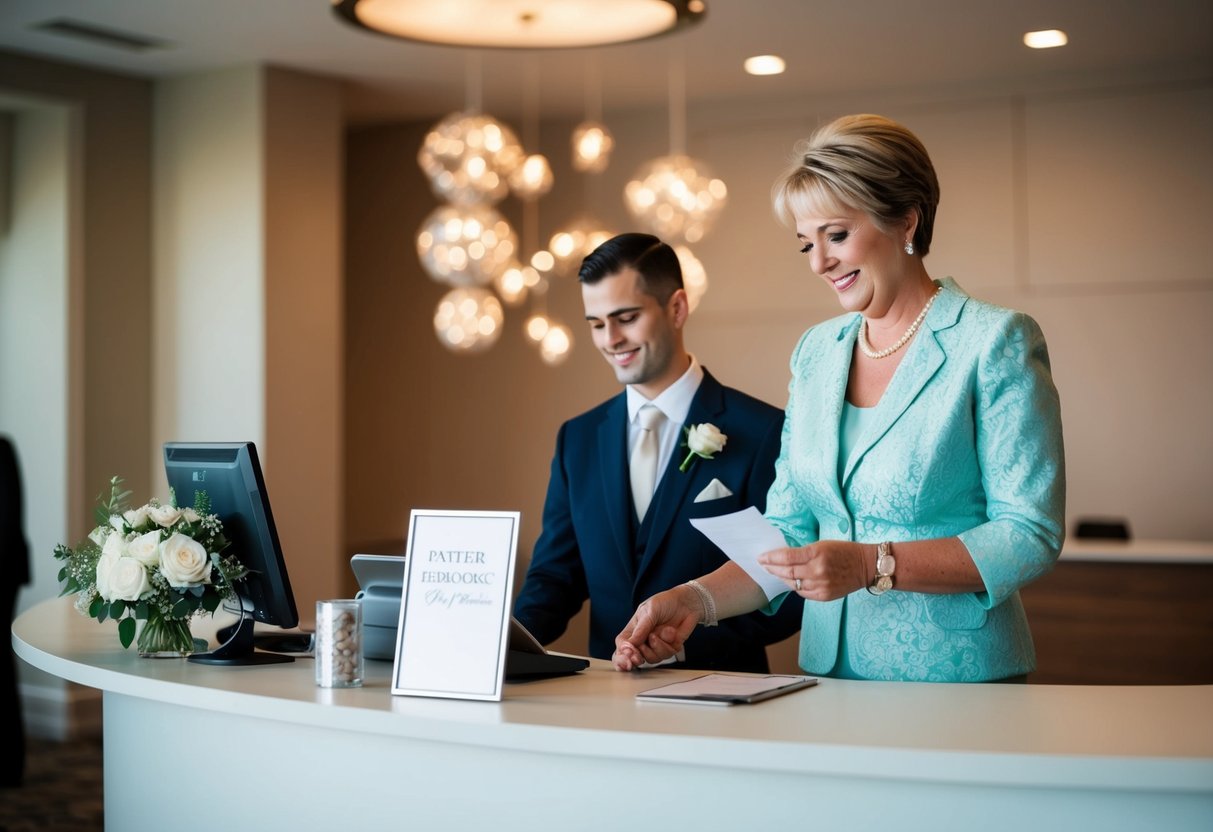 A mother of the groom paying for wedding expenses at a reception desk