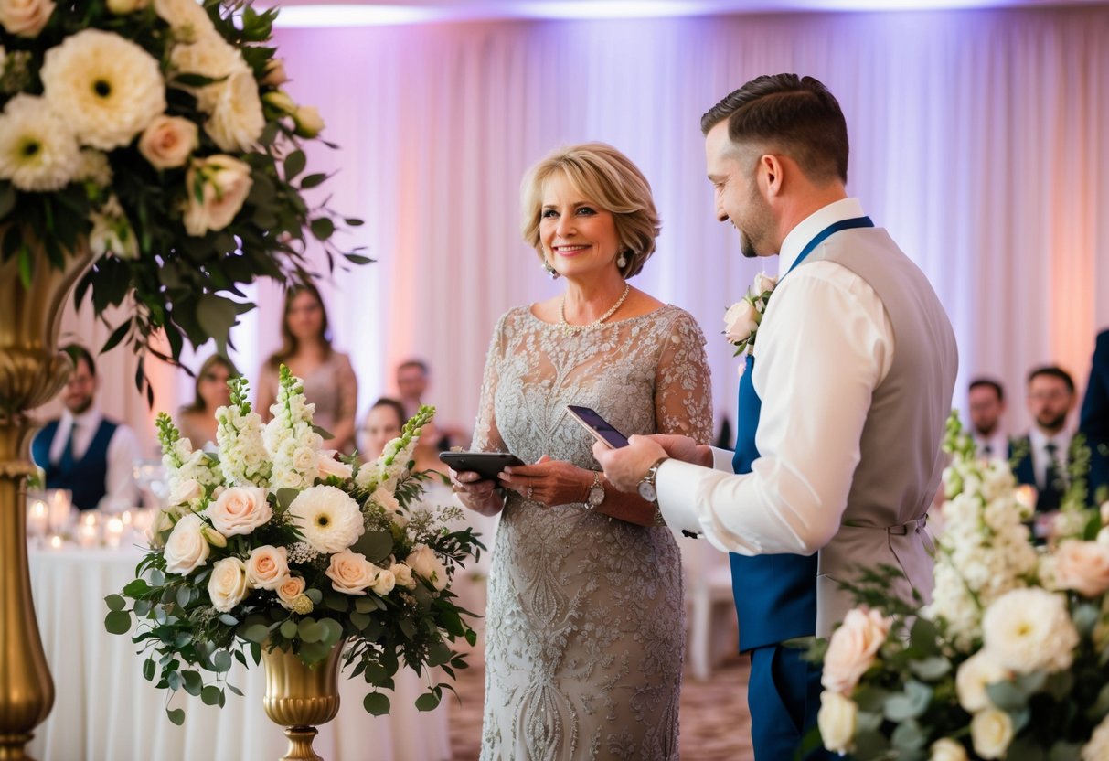 The mother of the groom pays for the elegant floral arrangements and decorative elements adorning the reception venue