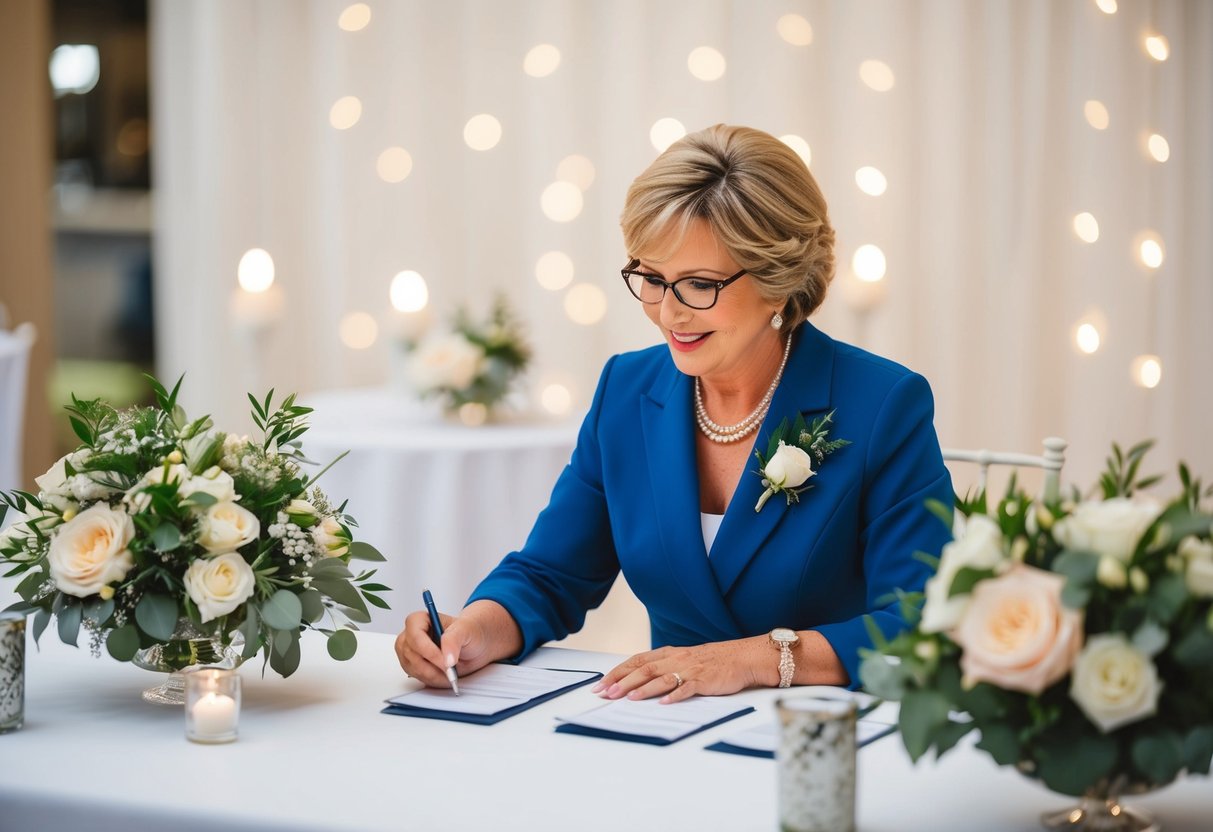The mother of the groom writes checks to pay for the wedding venue, catering, and floral arrangements