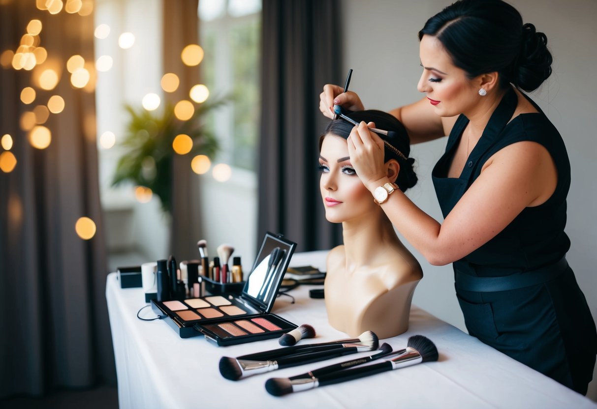 A makeup artist practices bridal makeup on a mannequin head with brushes and cosmetics spread out on a table