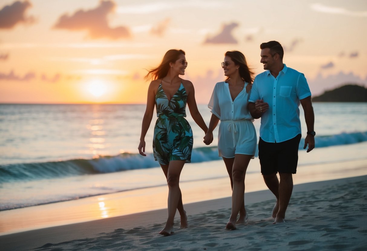 A couple strolling on a tropical beach, with a sunset in the background