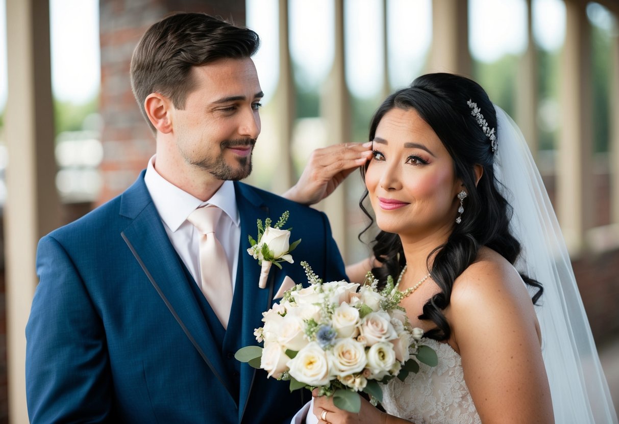 A groom holds a delicate bouquet of flowers, gently wiping away a tear from the eye of his bride