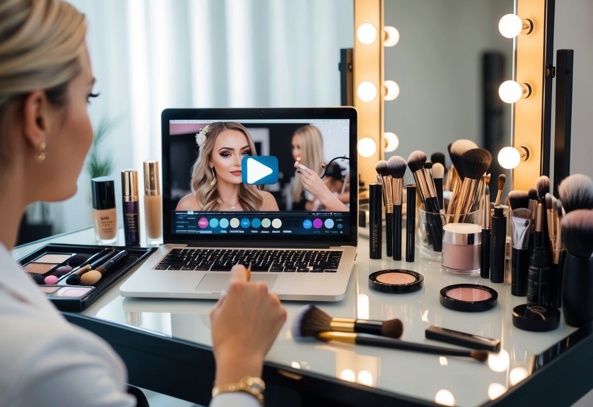A makeup artist's table with various cosmetics and brushes, a mirror, and a bridal makeup tutorial video playing on a laptop