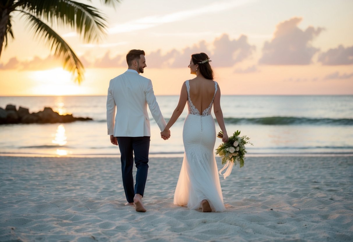 A newlywed couple walking hand in hand on a sandy beach with a tropical sunset in the background