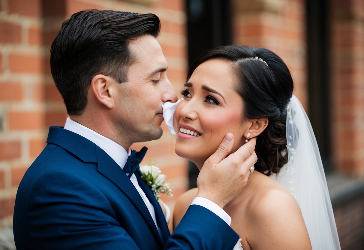 A groom gently wipes away a tear from the cheek of his emotional bride, offering a comforting embrace